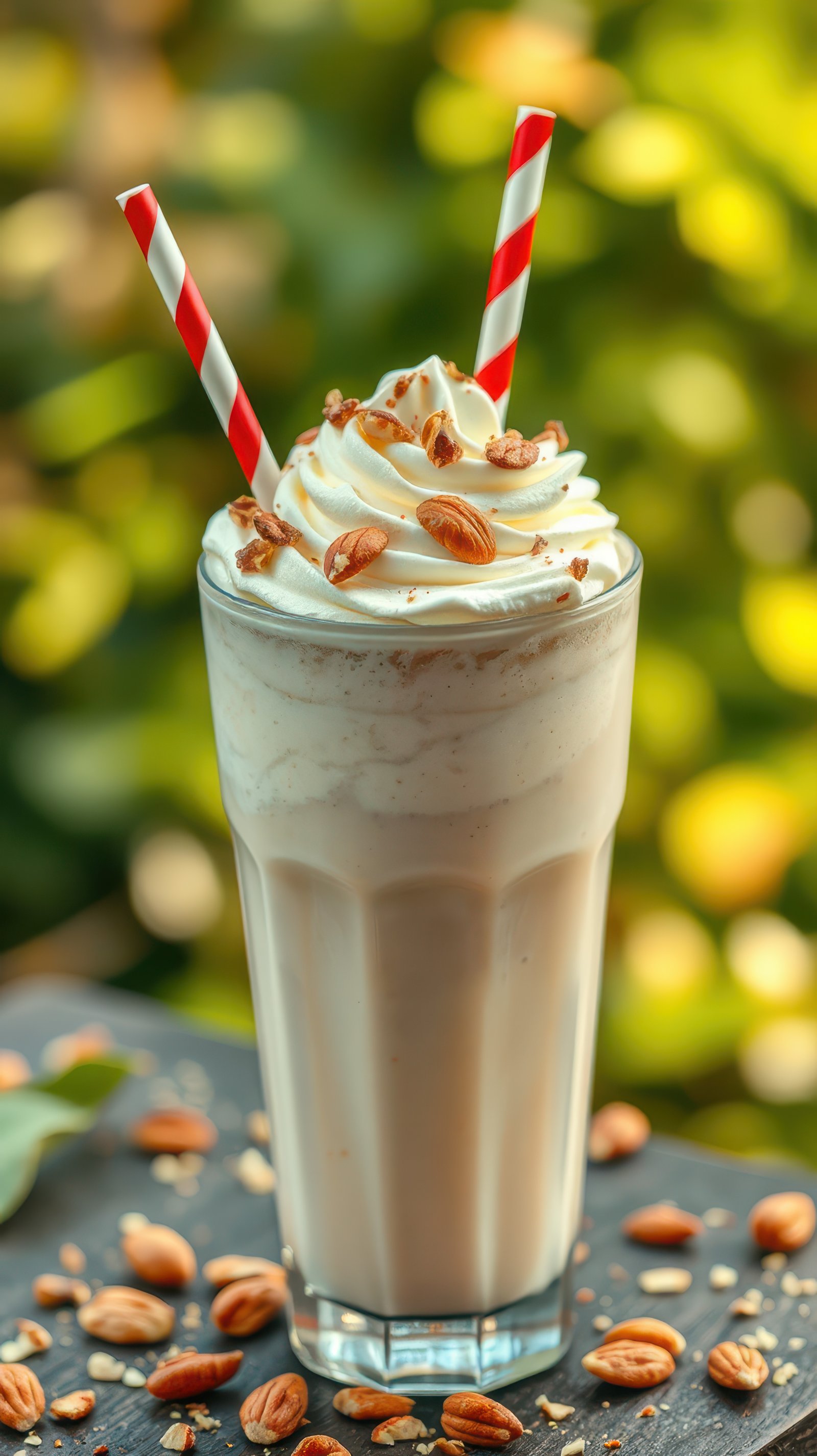 Creamy milkshake with whipped cream and almonds served in a tall glass in a sunny garden setting